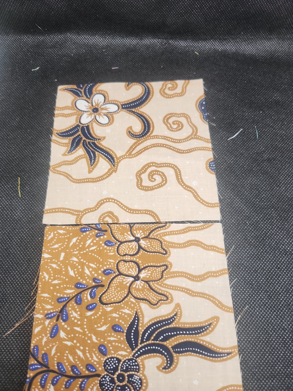 Batik Floral Fabric Panel in Beige with Gold and Navy Accents